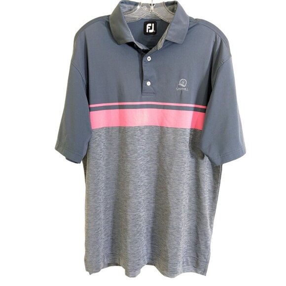 FootJoy FJ Lisle Mens Large Golf Polo Shirt Grey Pink Color Block Performance - Picture 1 of 6